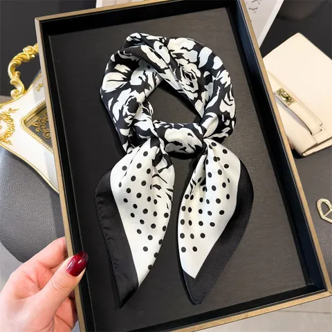 Women Floral Rose Polka Dot Square Scarf Satin Polyester Lightweight Neck Scarf Head Scarf Fashion Casual Neckwear