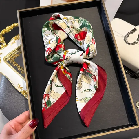 Women Fashion Square Scarf Polyester Plant Floral Print Versatile Elegant Neck Scarf Headscarf Silk Feel Shawl