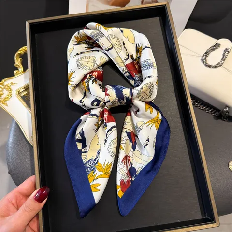 Women Fashion Square Scarf Polyester Plant Floral Print Versatile Elegant Neck Scarf Headscarf Silk Feel Shawl
