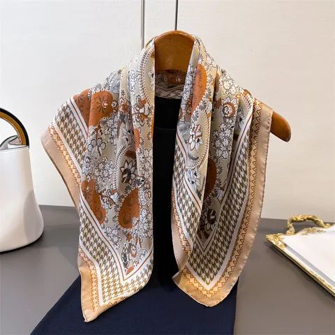 Women Fashion Square Scarf Satin Plaid Paisley Printed Neckerchief Elegant Business Commute Head Scarf