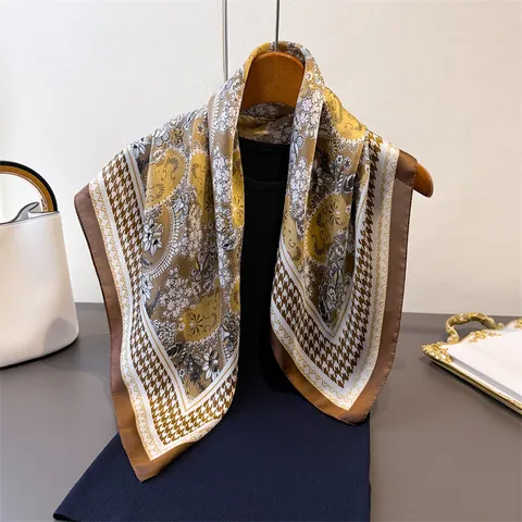 Women Fashion Square Scarf Satin Plaid Paisley Printed Neckerchief Elegant Business Commute Head Scarf