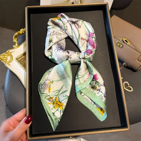 Women Fashion Square Scarf Satin Silk Feel Floral Print Elegant Neckerchief Hair Band Versatile Daily Head Scarf