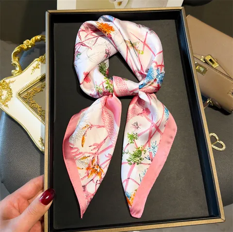 Women Fashion Square Scarf Satin Silk Feel Floral Print Elegant Neckerchief Hair Band Versatile Daily Head Scarf