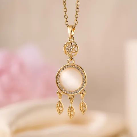 Collana con Ciondolo Acchiappasogni in Acciaio al Titanio Placcato Oro da Donna Rame Opale Strass Foglia Nappa Girocollo Gioielli