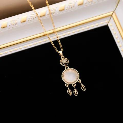 Collana con Ciondolo Acchiappasogni in Acciaio al Titanio Placcato Oro da Donna Rame Opale Strass Foglia Nappa Girocollo Gioielli