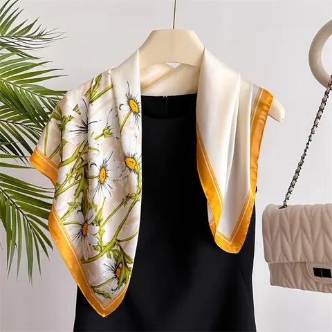 Women's Fashion Satin Square Scarf Vintage Floral Print Neckerchief Elegant Hair Band Office Neck Scarf Gift