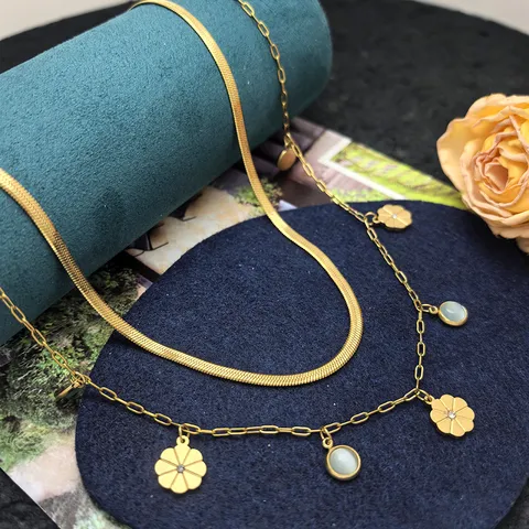 Double Layered Stacking Lucky Clover Titanium Steel Necklace For Women Gold Plated Camellia Flower Pendant Necklace Jewelry Gift