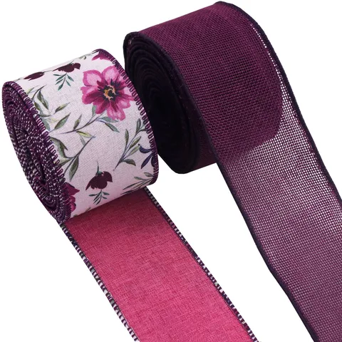 Burgundy Floral Wired Ribbon Faux Linen Fabric Decorative Ribbon For Gift Wrapping Christmas Wreath Bows Home Party Decor