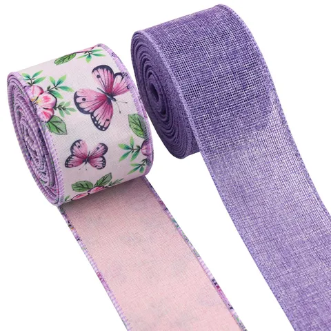 Rustic Linen-Look Wired Edge Ribbon Violet Floral Butterfly Printed Decorative Burlap Ribbon Roll For Wreath Bow Gift Wrapping Home Party Decor