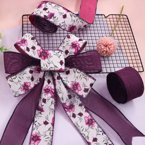 Burgundy Floral Wired Ribbon Faux Linen Fabric Decorative Ribbon For Gift Wrapping Christmas Wreath Bows Home Party Decor