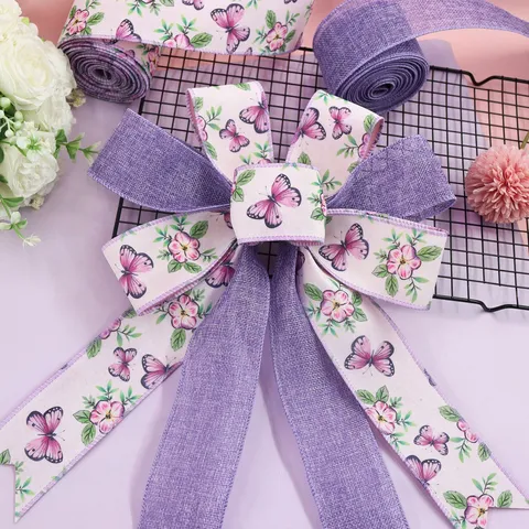 Rustic Linen-Look Wired Edge Ribbon Violet Floral Butterfly Printed Decorative Burlap Ribbon Roll For Wreath Bow Gift Wrapping Home Party Decor