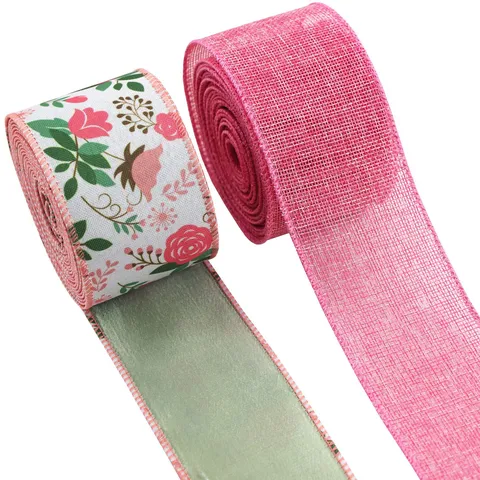Faux Linen Wired Edge Ribbon Rose Red Floral Pattern Polyester Decorative Ribbon For Gift Wrapping Home Wedding Garland DIY Bows Craft Ribbon