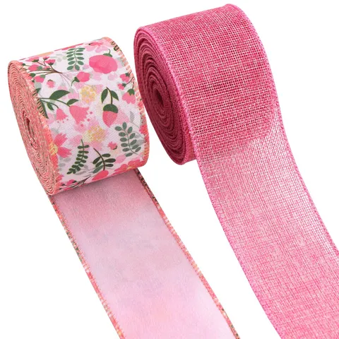 Rustic Linen-Like Wired Ribbon Rose Red Floral Printed Burlap Ribbon With Overlocked Edge For Gift Wrapping Wreath Bows Home Party Decoration