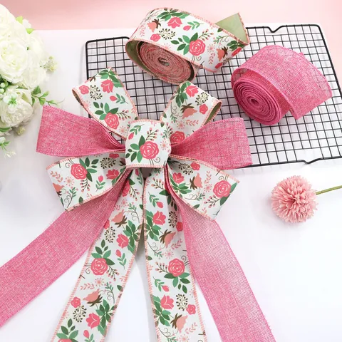 Faux Linen Wired Edge Ribbon Rose Red Floral Pattern Polyester Decorative Ribbon For Gift Wrapping Home Wedding Garland DIY Bows Craft Ribbon