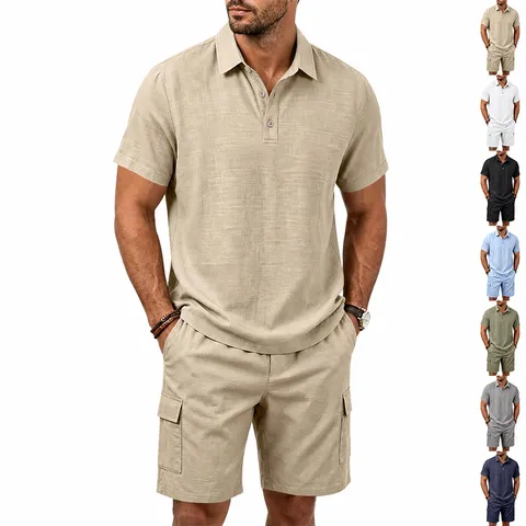 Herren Sommer Leinen Polo Shirt Und Cargo Shorts Top And Bottom American Casual Outdoor Strand Atmungsaktives Outfit