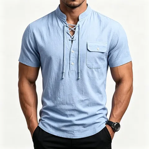 Men's Summer Casual Linen Blend Henley Shirt Short Sleeve Loose Fit Mandarin Collar Solid Color Utility Pocket Top