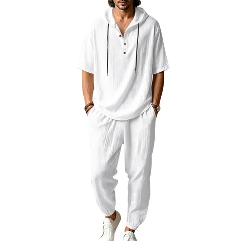 Men's Casual Linen Blend Suit Top And Bottom Set Summer Hooded Henley Short Sleeve Shirt and Trousers Beach Vacation Outfits