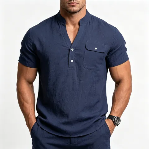 Camisa Henley Casual de Mezcla de Lino para Hombre Manga Corta Color Sólido Corte Regular Cuello Mao Verano Básico Top de Trabajo