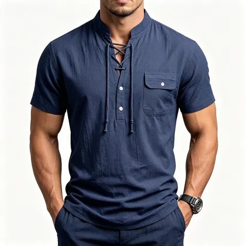 Men's Summer Casual Linen Blend Henley Shirt Short Sleeve Loose Fit Mandarin Collar Solid Color Utility Pocket Top