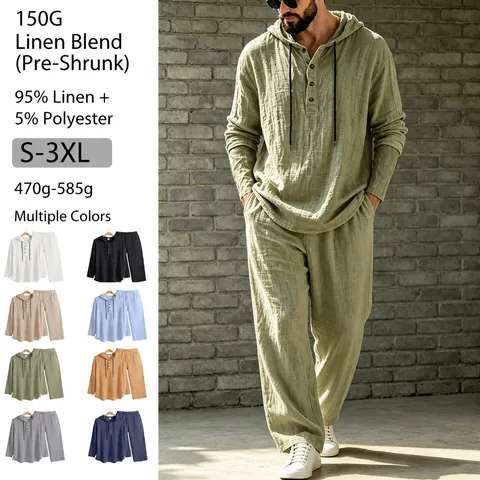 Herren Casual Leinenmischung Kapuze Henley Hemd Und Lange Hose Oberteil Und Unterteil Einfarbig Lockeres Langarm Outfit