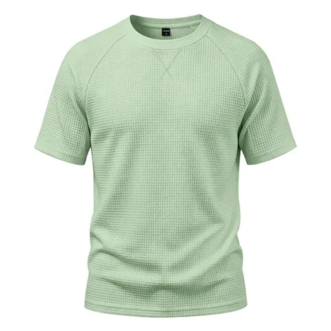 Men's Casual Waffle Knit T-Shirt Solid Color Short Sleeve Raglan Crew Neck Basic Summer Top