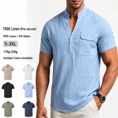 Herren Casual Leinenmischung Henley Hemd Kurzarm Einfarbig Regular Fit Stehkragen Sommer Pendler Basic Arbeitskleidung Top