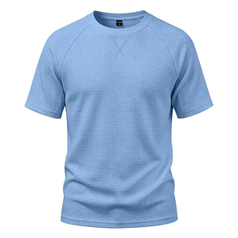 Men's Casual Waffle Knit T-Shirt Solid Color Short Sleeve Raglan Crew Neck Basic Summer Top