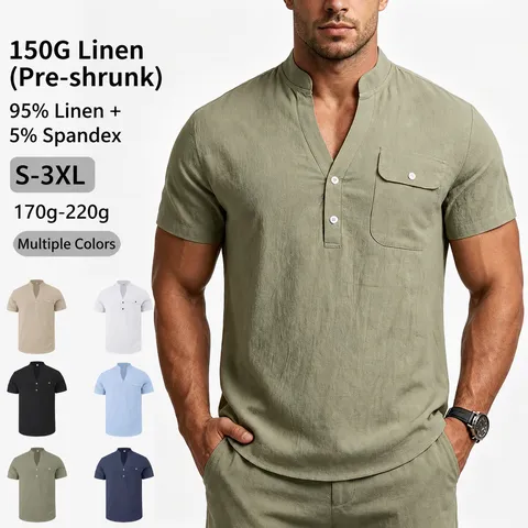 Herren Casual Leinenmischung Henley Hemd Kurzarm Einfarbig Regular Fit Stehkragen Sommer Pendler Basic Arbeitskleidung Top