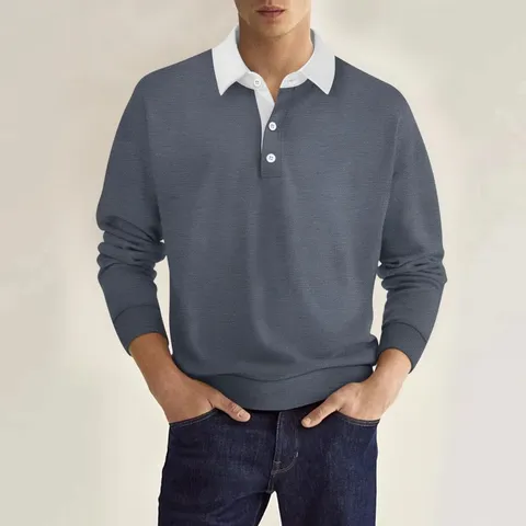 Men's Casual Long Sleeve Polo Shirt Polyester Button Down Lapel Collar Ribbed Cuffs Contrast Top For Spring Autumn Men Clothing