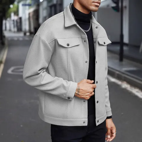 Men's Casual Wool Blend Jacket Fall Winter Turn-Down Collar Single-Breasted Long Sleeve Solid Color Regular Fit Coat