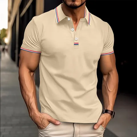 Men's Casual Polo Shirt Short Sleeve Lapel Button Placket Color Block Patchwork Polyester Cotton Blend Top For Men