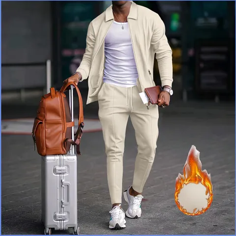 Men's Casual Waffle Knit Tracksuit Set Lapel Zipper Thickened Cardigan Jacket And Jogger Pants Winter Activewear Outfits
