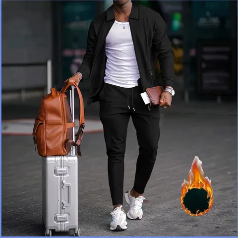Men's Casual Waffle Knit Tracksuit Set Lapel Zipper Thickened Cardigan Jacket And Jogger Pants Winter Activewear Outfits
