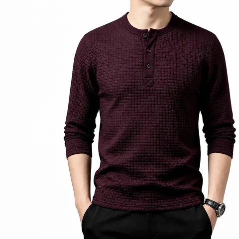 Herren Retro Jacquard Kariert Henley Shirt Schwergewichtig Langarm Casual Pullover T-Shirt Für Herbst Outdoor Alltag Polyester Tops