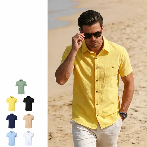 Herren Sommer Leinenhemd Kurzarm Button Down Beach Casual Hemd Atmungsaktives Leinenmischung Revershemd Für Herren Einfarbig Top