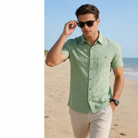 Herren Sommer Leinenhemd Kurzarm Button Down Beach Casual Hemd Atmungsaktives Leinenmischung Revershemd Für Herren Einfarbig Top