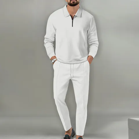 Herren Waffelstrick Polo Reißverschluss Hemd Und Lange Hose Set Casual Langarm Activewear Top Und Bottom Zweiteiler