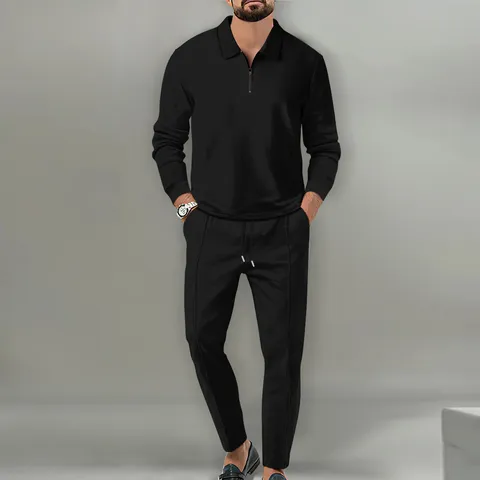 Herren Waffelstrick Polo Reißverschluss Hemd Und Lange Hose Set Casual Langarm Activewear Top Und Bottom Zweiteiler