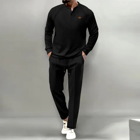 Conjunto Henley de Punto de Gofre Casual Elegante para Hombre Color Sólido Camisa de Manga Larga y Pantalones Primavera Otoño