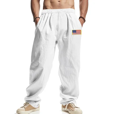Herren Leinen Freizeithose Amerikanische Flagge Patch Weites Bein Hose Hip Hop Lockerer Kordelzug Atmungsaktiv Mode Herren Unterteil