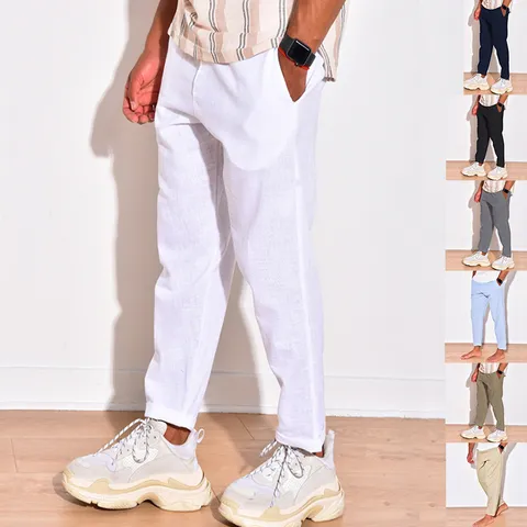 Men Casual Cotton Linen Pants Japanese Vintage Straight Fit Trousers Breathable Multi-Pocket Summer Drawstring Casual Bottoms