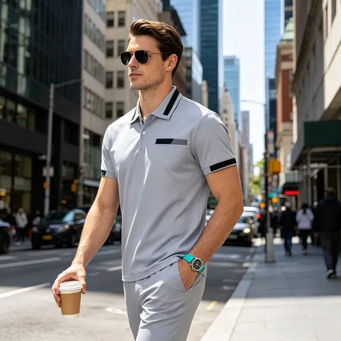 Men's Business Casual Polo Shirt Short Sleeve Lapel Button Top With Faux Pocket Patchwork Design Polyester T-Shirt For Men