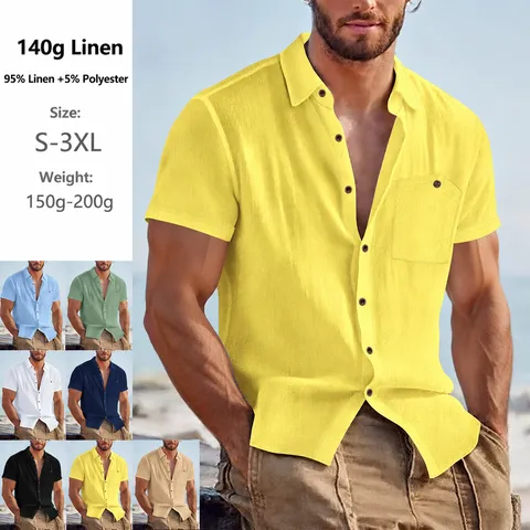 Herren Casual Leinen Polyester Hemd Einfarbig Kurzarm Top Atmungsaktiv Revers Tasche Smart Casual Sommer Hemd Für Herren