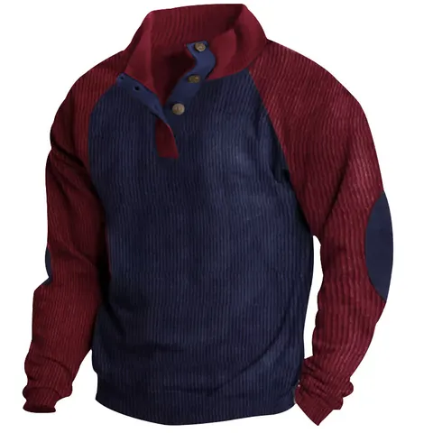 Men's Casual Stand Collar Corduroy Sweatshirt Color Block Raglan Sleeve Jacket With Elbow Patches Autumn Loose Top