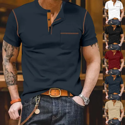 Men's Casual Short Sleeve Henley Shirt Color Block Contrast Stitching Summer Slim Fit Tee Top