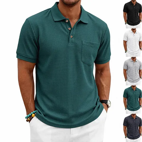 Chemise Polo en Tricot Gaufré pour Hommes Décontracté Manches Courtes Revers Bouton Couleur Unie Été Top
