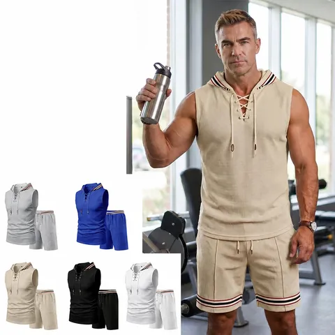 Herren Waffel Ärmellose Hoodie Und Shorts Set Sommer Sportlich Lässig Kordelzug Pullover Top And Bottom Jacquard Strick Workout Trainingsanzug