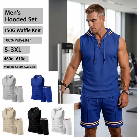 Herren Waffel Ärmellose Hoodie Und Shorts Set Sommer Sportlich Lässig Kordelzug Pullover Top And Bottom Jacquard Strick Workout Trainingsanzug