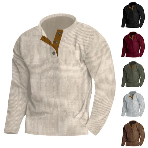 Men's Casual Corduroy Henley Sweatshirt Vintage Round Neck Contrast Button Placket Long Sleeve Pullover Solid Color Top