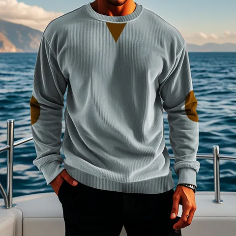 Felpa in Velluto a Coste da Uomo Vintage a Maniche Lunghe Girocollo Con Toppe sui Gomiti Pullover Patchwork a Contrasto Casual